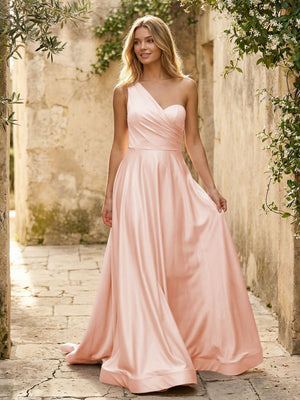 Satin A Line One Shoulder Princess Corset Bridesmaid Dresses
