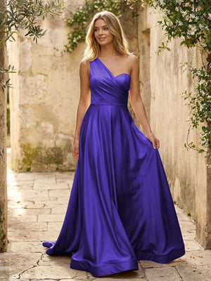 Satin A Line One Shoulder Princess Corset Bridesmaid Dresses