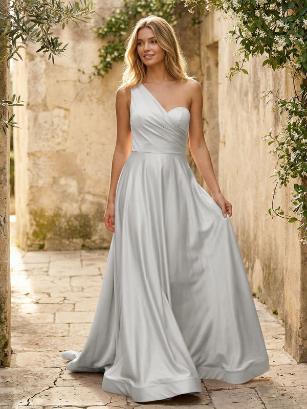 Satin A Line One Shoulder Princess Corset Bridesmaid Dresses