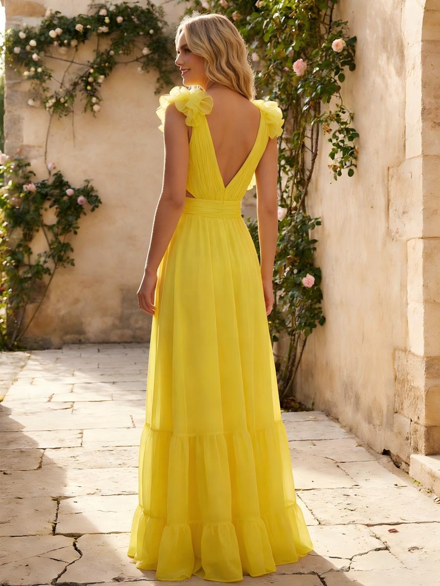 Tulle A Line V Neck Corset Cut Out Wedding Guest Dresses with 3D Flower