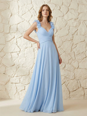 Chiffon V Neck Pleated Corset Bridesmaid Dresses with 3D Flower