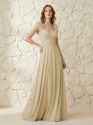Chiffon V Neck Pleated Corset Bridesmaid Dresses with 3D Flower