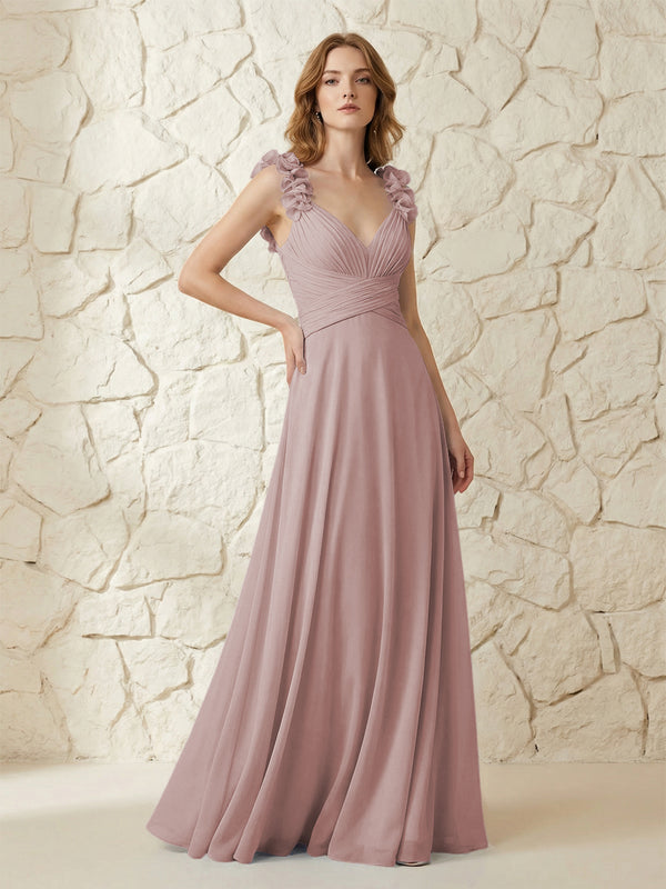 Chiffon V Neck Pleated Corset Bridesmaid Dresses with 3D Flower