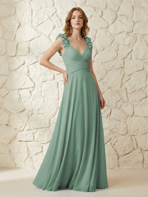 Chiffon V Neck Pleated Corset Bridesmaid Dresses with 3D Flower