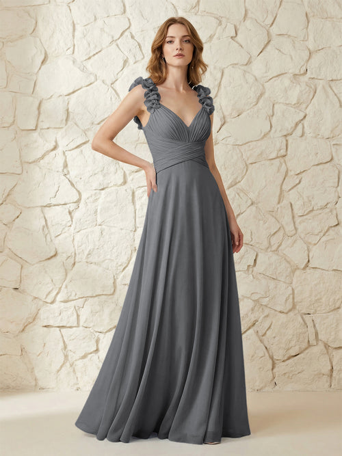 Chiffon V Neck Pleated Corset Bridesmaid Dresses with 3D Flower
