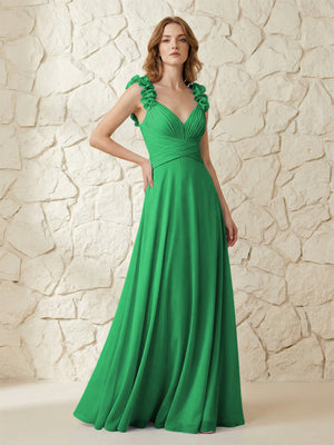 Chiffon V Neck Pleated Corset Bridesmaid Dresses with 3D Flower
