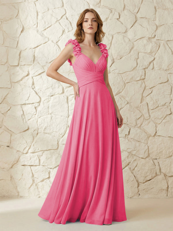 Chiffon V Neck Pleated Corset Bridesmaid Dresses with 3D Flower