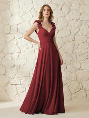 Chiffon V Neck Pleated Corset Bridesmaid Dresses with 3D Flower