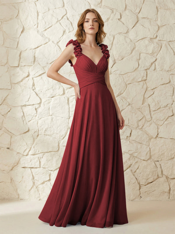 Chiffon V Neck Pleated Corset Bridesmaid Dresses with 3D Flower