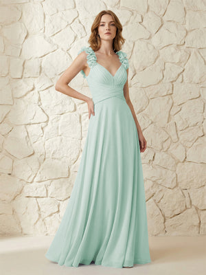 Chiffon V Neck Pleated Corset Bridesmaid Dresses with 3D Flower