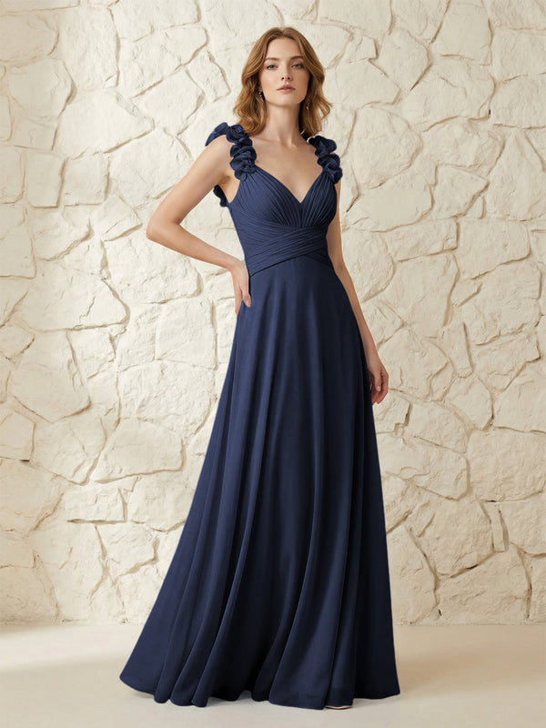 Chiffon V Neck Pleated Corset Bridesmaid Dresses with 3D Flower