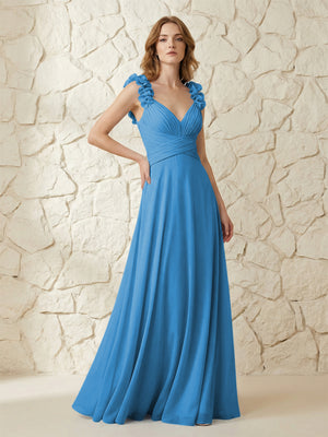 Chiffon V Neck Pleated Corset Bridesmaid Dresses with 3D Flower