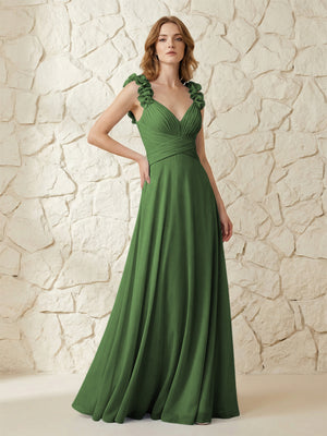 Chiffon V Neck Pleated Corset Bridesmaid Dresses with 3D Flower