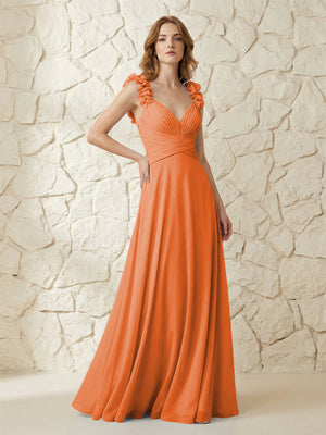 Chiffon V Neck Pleated Corset Bridesmaid Dresses with 3D Flower