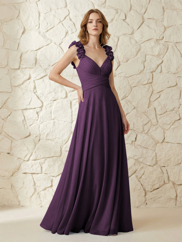 Chiffon V Neck Pleated Corset Bridesmaid Dresses with 3D Flower