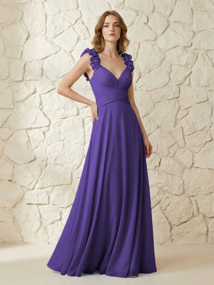 Chiffon V Neck Pleated Corset Bridesmaid Dresses with 3D Flower