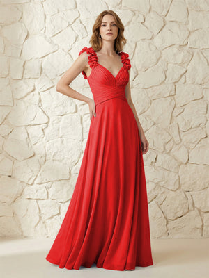 Chiffon V Neck Pleated Corset Bridesmaid Dresses with 3D Flower