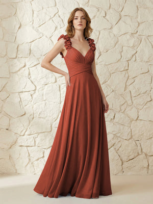 Chiffon V Neck Pleated Corset Bridesmaid Dresses with 3D Flower