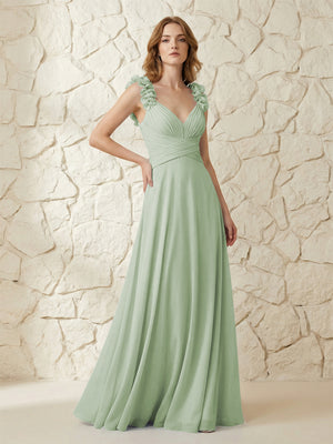 Chiffon V Neck Pleated Corset Bridesmaid Dresses with 3D Flower