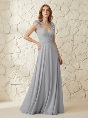 Chiffon V Neck Pleated Corset Bridesmaid Dresses with 3D Flower