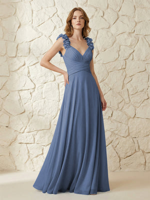 Chiffon V Neck Pleated Corset Bridesmaid Dresses with 3D Flower