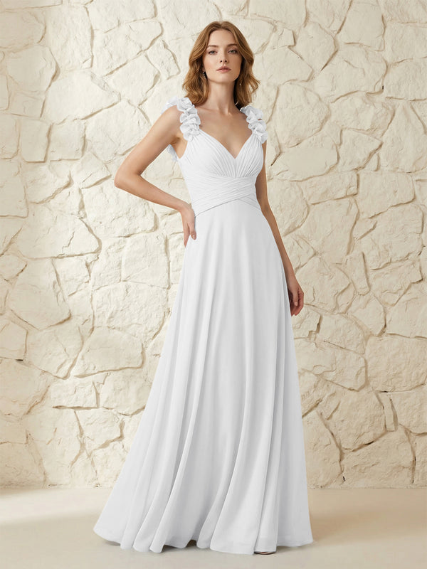 Chiffon V Neck Pleated Corset Bridesmaid Dresses with 3D Flower