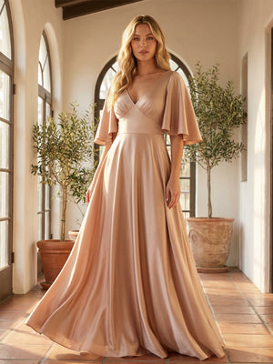 Satin A Line V Neck Corset Bridesmaid Dresses