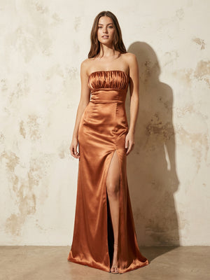 Satin Strapless Pleated Corset Bridesmaid Dresses with Slit