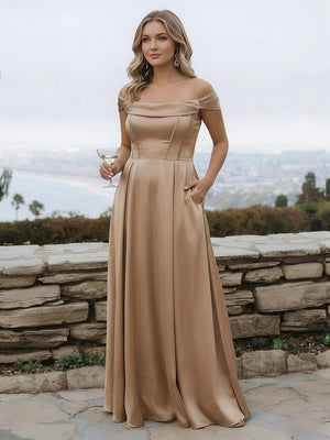 Satin A Line Off the Shoulder Long Bridesmaid Dresses