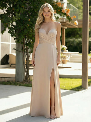 Satin A Line Strapless Long Bridesmaid Dresses