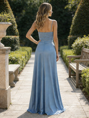Satin A Line Long Bridesmaid Dresses with Side Slit