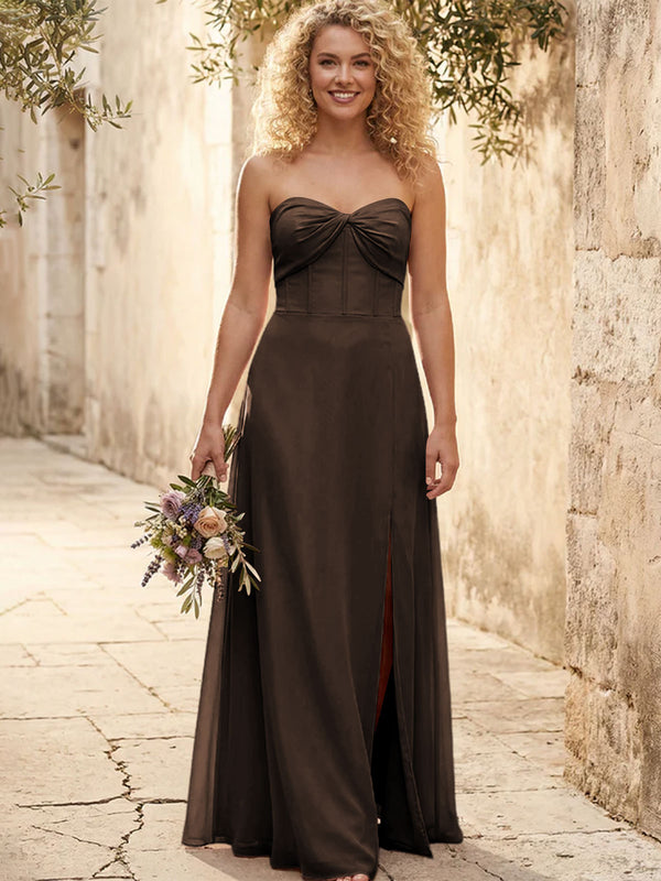 Chiffon Strapless Long Bridesmaid Dresses with Slit