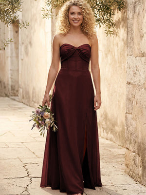 Chiffon Strapless Long Bridesmaid Dresses with Slit
