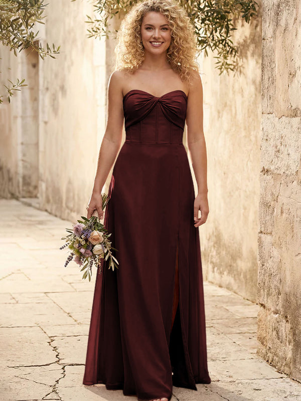Chiffon Strapless Long Bridesmaid Dresses with Slit
