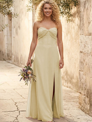 Chiffon Strapless Long Bridesmaid Dresses with Slit