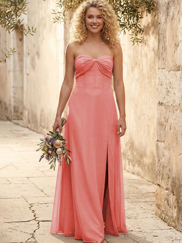 Chiffon Strapless Long Bridesmaid Dresses with Slit