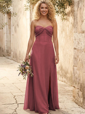 Chiffon Strapless Long Bridesmaid Dresses with Slit
