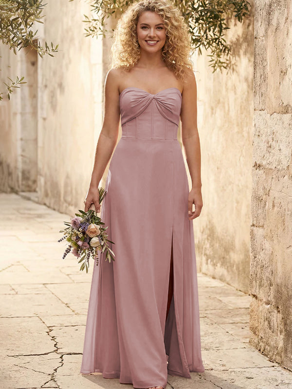 Chiffon Strapless Long Bridesmaid Dresses with Slit