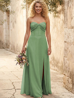 Chiffon Strapless Long Bridesmaid Dresses with Slit