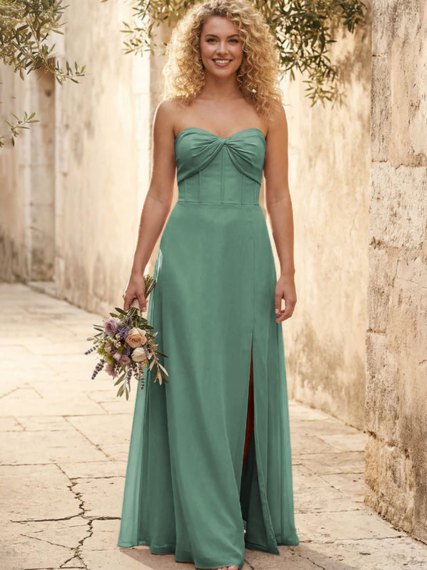Chiffon Strapless Long Bridesmaid Dresses with Slit