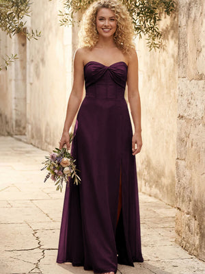 Chiffon Strapless Long Bridesmaid Dresses with Slit