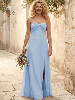 Chiffon Strapless Long Bridesmaid Dresses with Slit