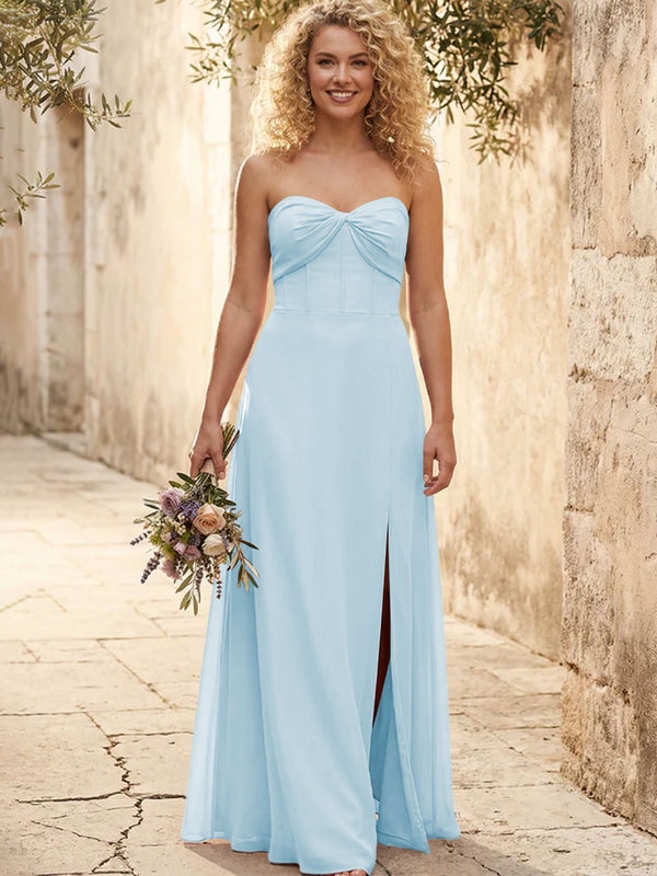 Chiffon Strapless Long Bridesmaid Dresses with Slit