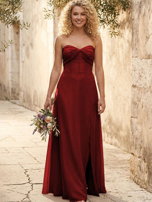 Chiffon Strapless Long Bridesmaid Dresses with Slit