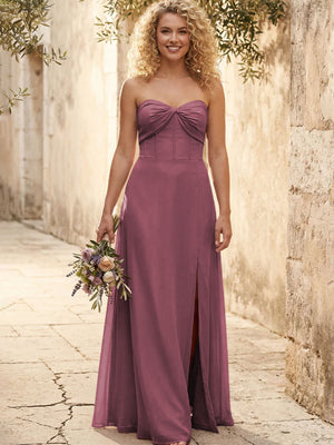 Chiffon Strapless Long Bridesmaid Dresses with Slit
