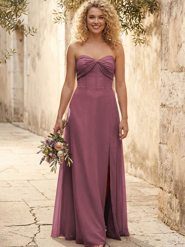 Chiffon Strapless Long Bridesmaid Dresses with Slit