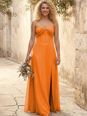 Chiffon Strapless Long Bridesmaid Dresses with Slit
