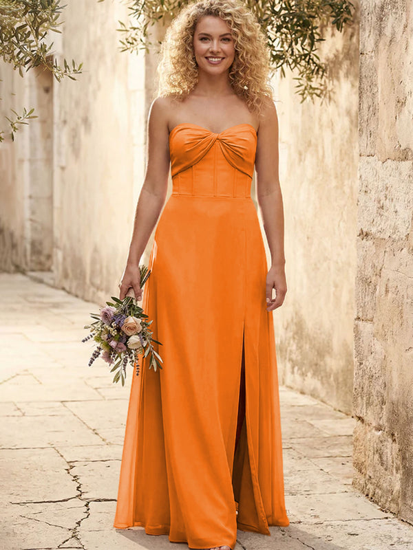 Chiffon Strapless Long Bridesmaid Dresses with Slit