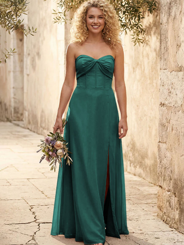 Chiffon Strapless Long Bridesmaid Dresses with Slit