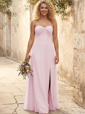 Chiffon Strapless Long Bridesmaid Dresses with Slit